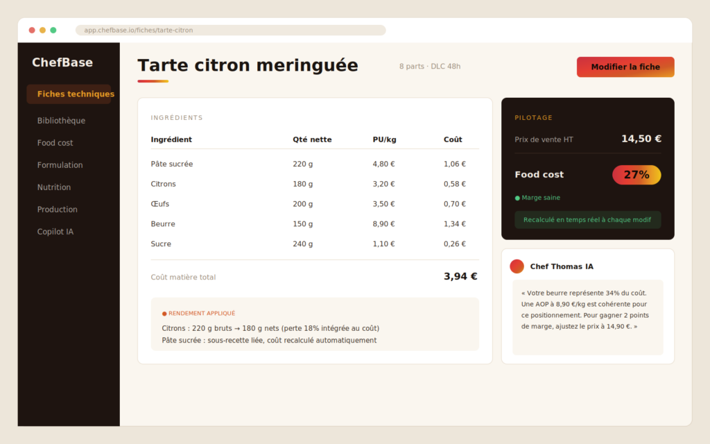Interface ChefBase : fiche technique de tarte citron avec food cost et copilot IA