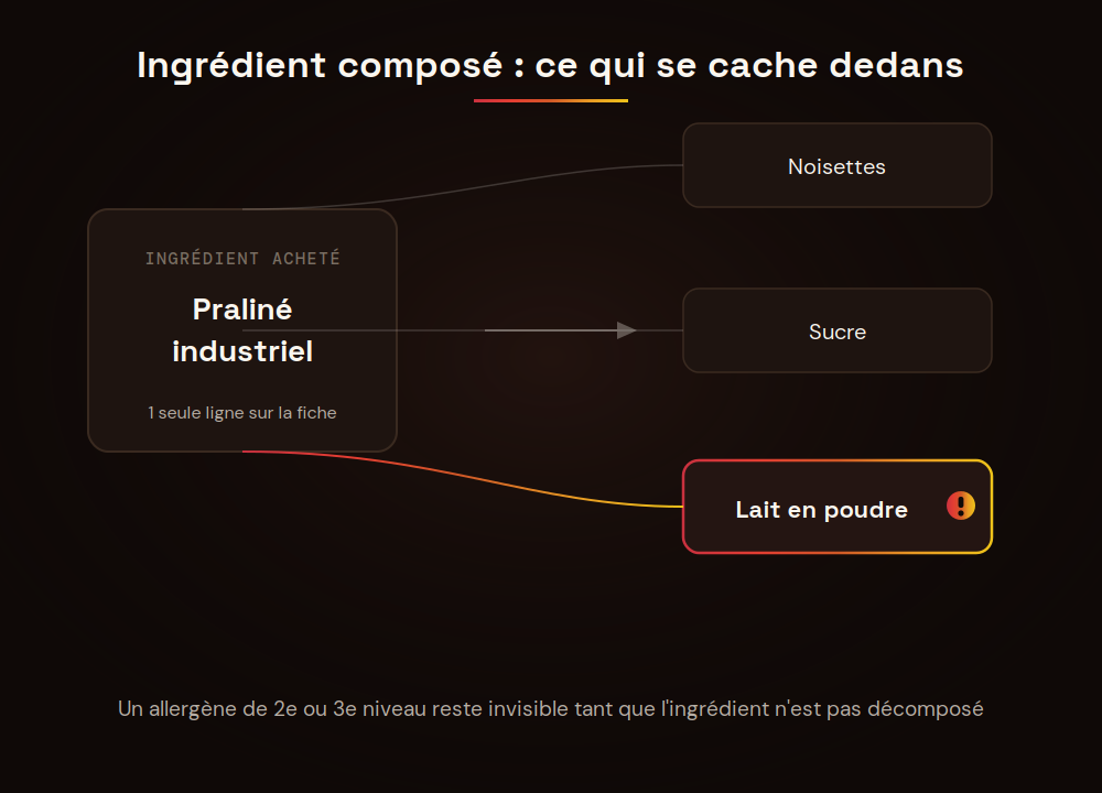 ChefBase diagram: industrial praline paste broken down into hazelnuts, sugar and milk powder, hidden allergen highlighted