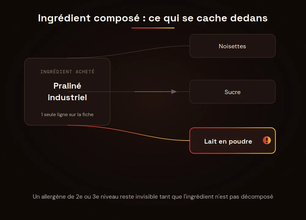 Schéma ChefBase : praliné industriel décomposé en noisettes, sucre et lait en poudre, allergène caché mis en évidence