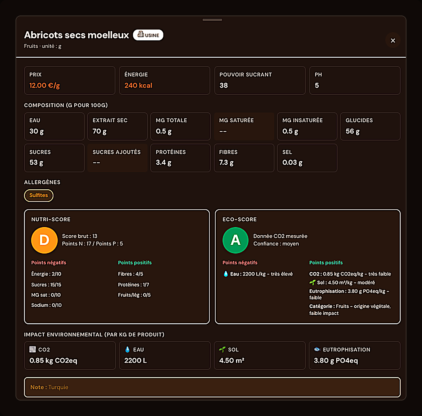 Ingredient sheet with allergens, Nutri-Score and Eco-score