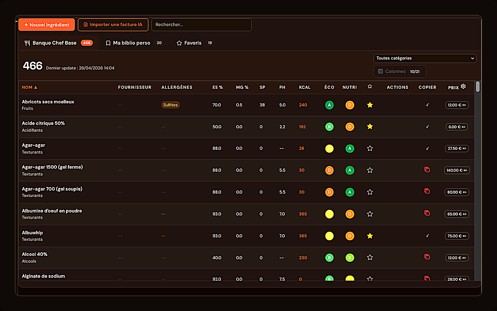 Ingredient database with prices and nutritional data in ChefBase