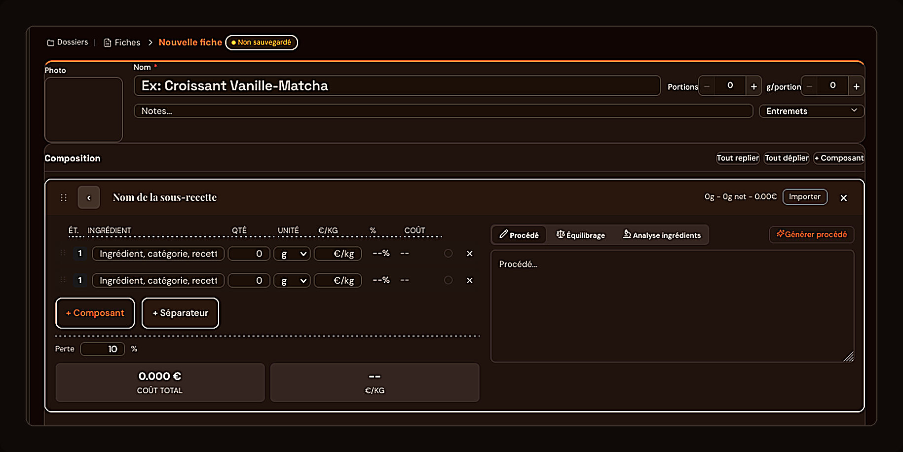 Entering recipe composition in ChefBase