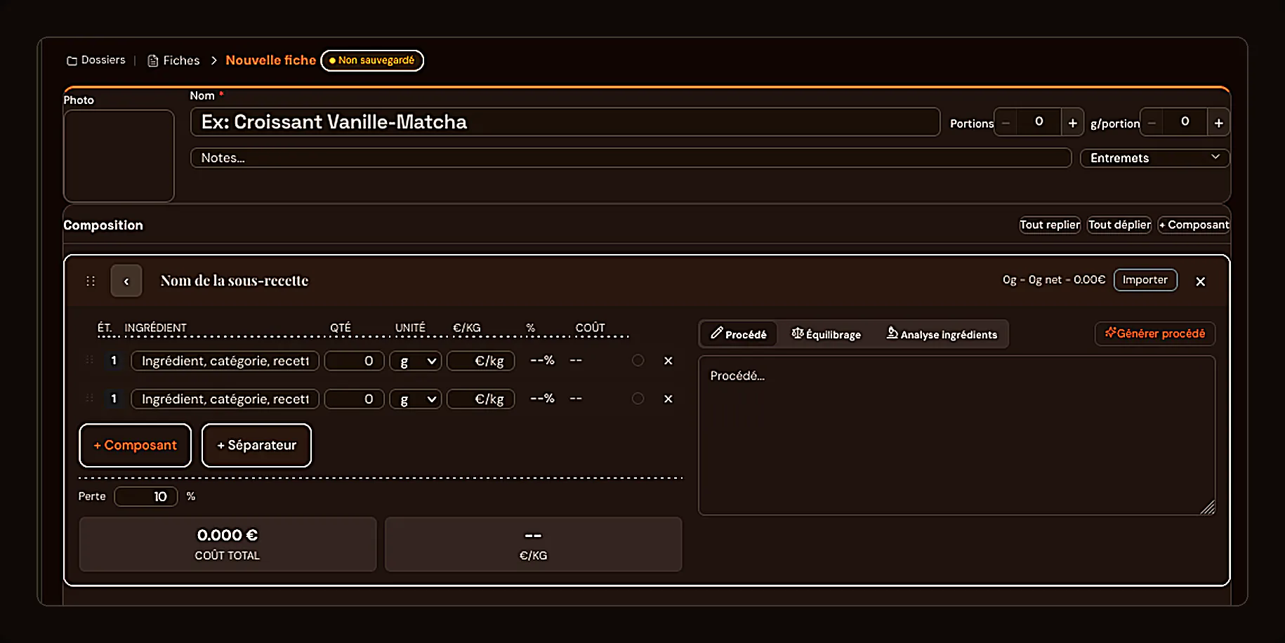 Saisie de la composition d'une fiche technique dans ChefBase