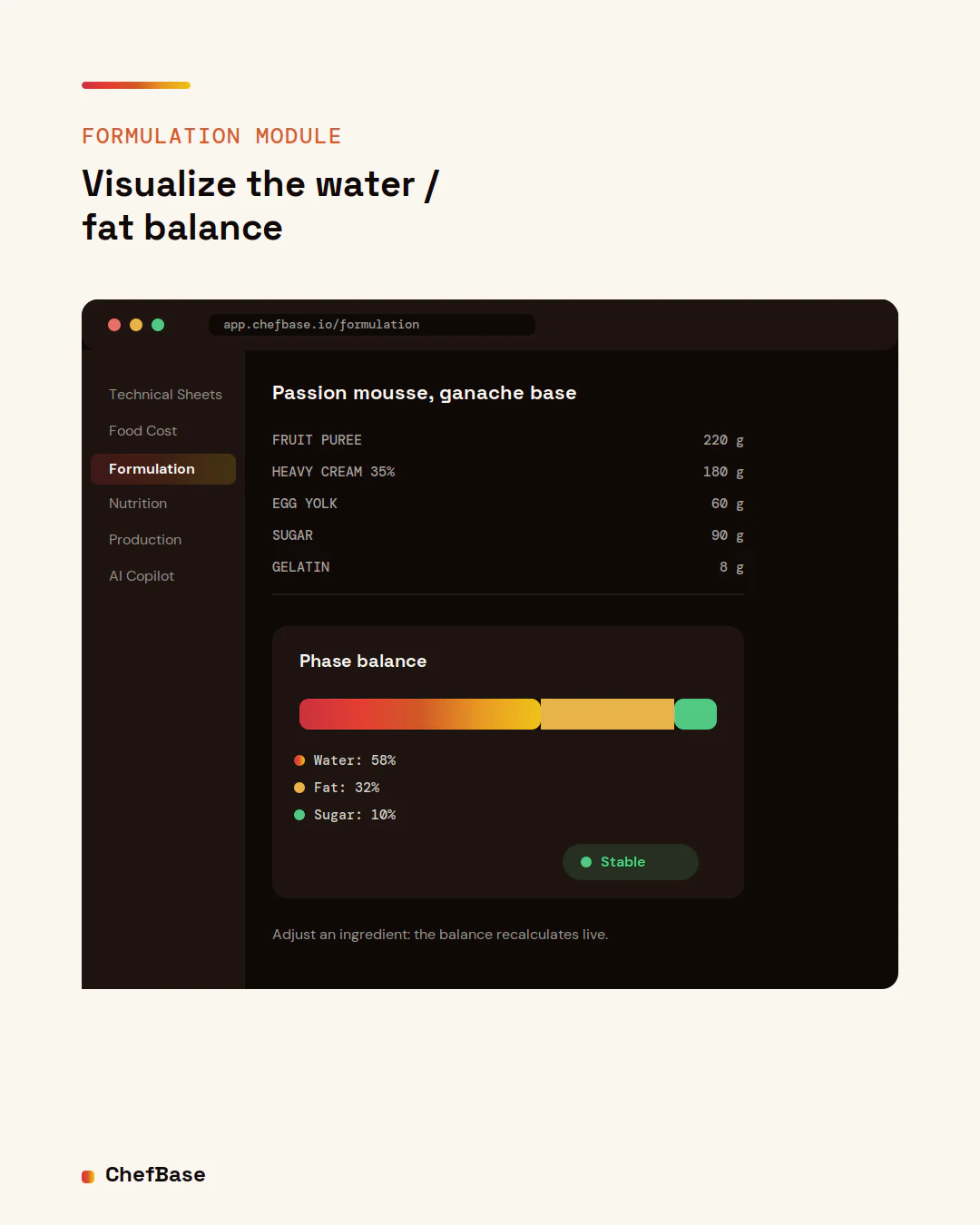ChefBase Formulation module: visualize the water and fat balance of a recipe