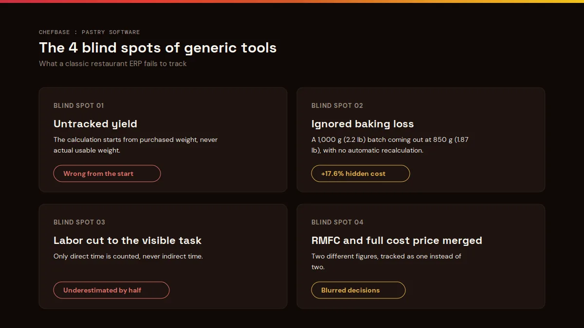 The 4 blind spots of generic restaurant software for pastry: yield, baking loss, labor, RMFC