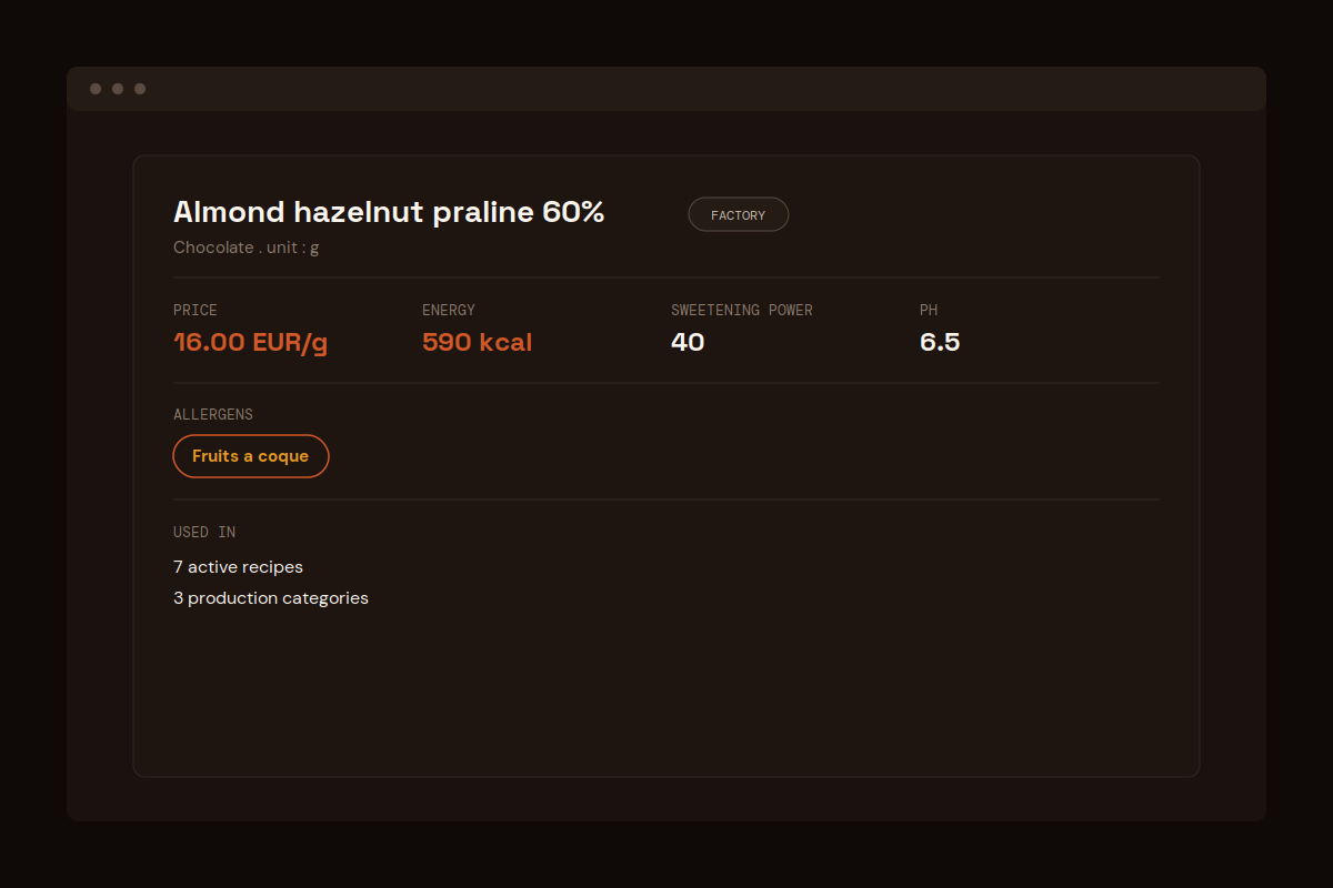 ChefBase ingredient sheet with allergens and automated food cost