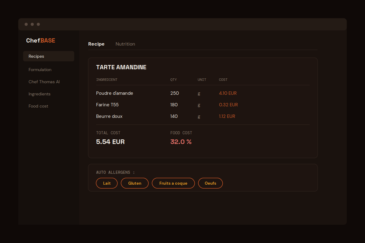 ChefBase technical sheet with allergens automatically aggregated by ingredient
