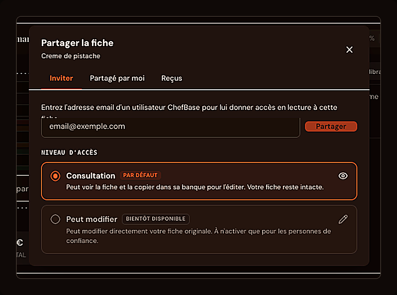 Sharing a recipe card in view-only mode in ChefBase
