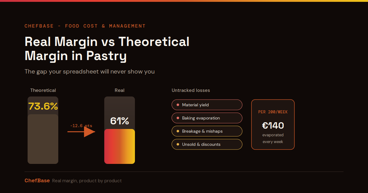 Comparison of 73.6% theoretical margin vs 61% real margin in pastry
